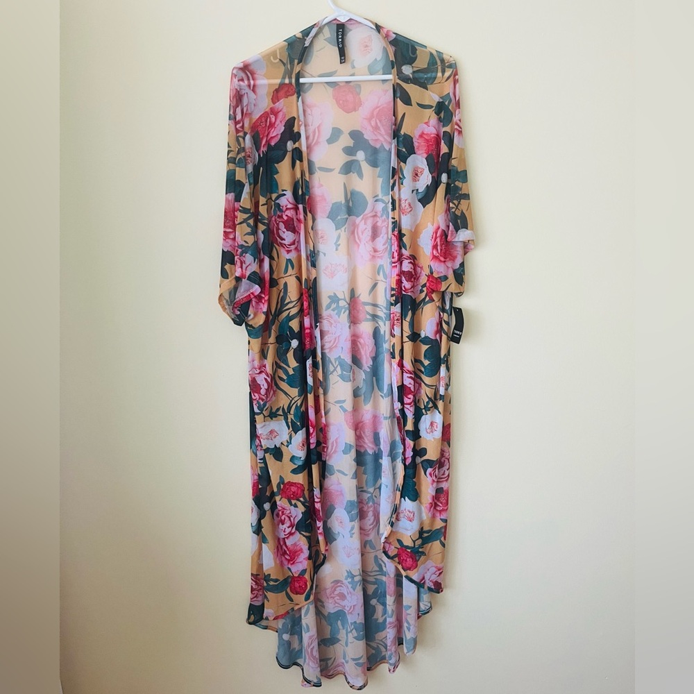 Torrid Floral Roses Print Golden Yellow Hi Low Mesh Maxi Kimono Size 3/4
